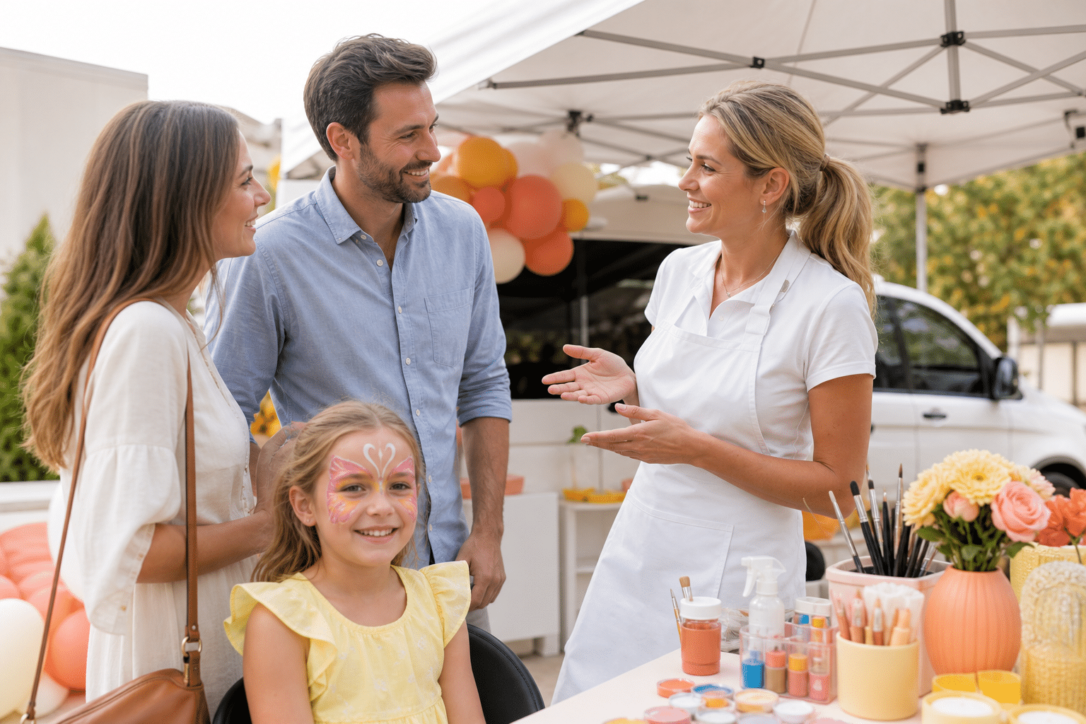 Face painting artist talking with parents beside a polished setup
