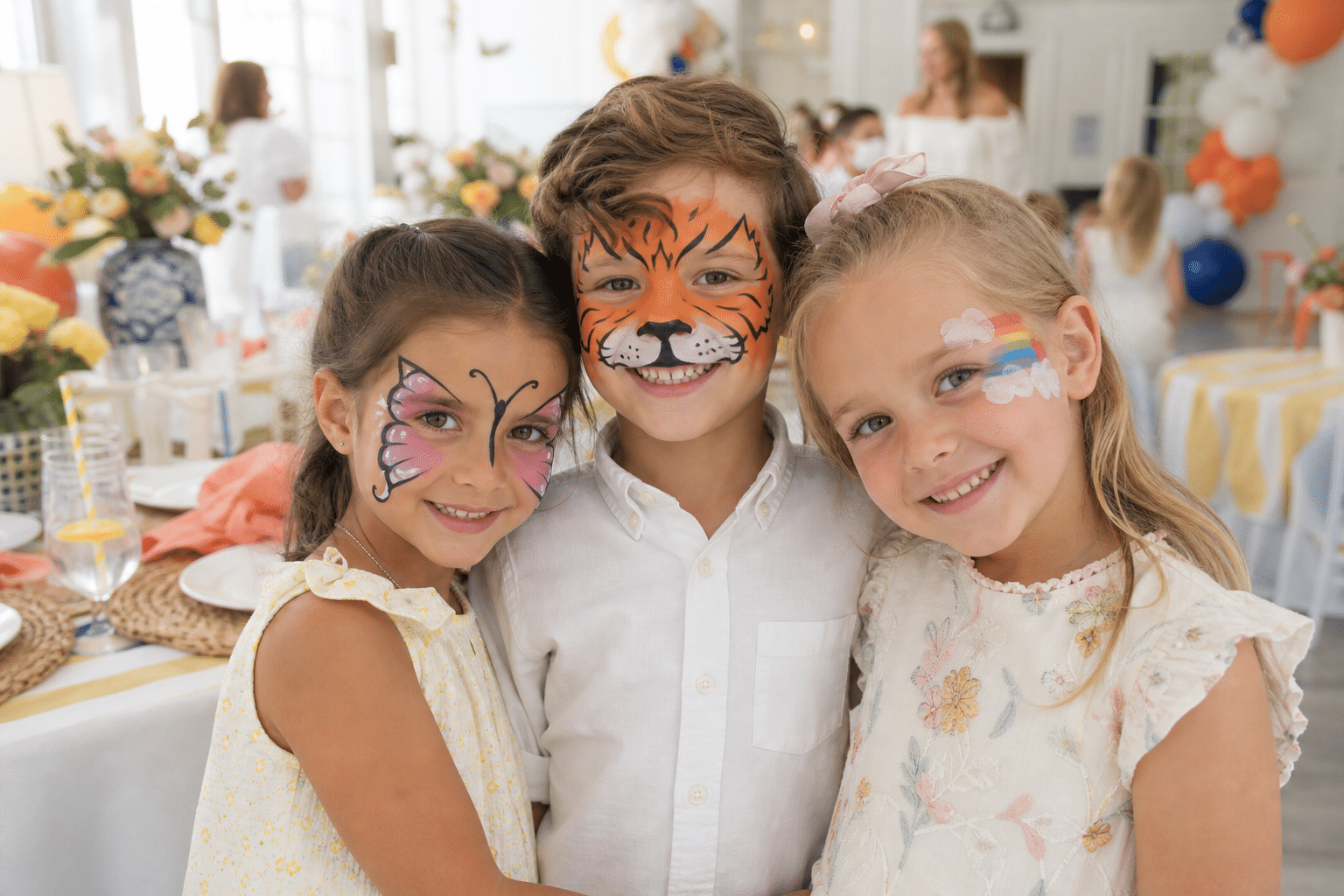 Children smiling with tasteful face paint at a polished party
