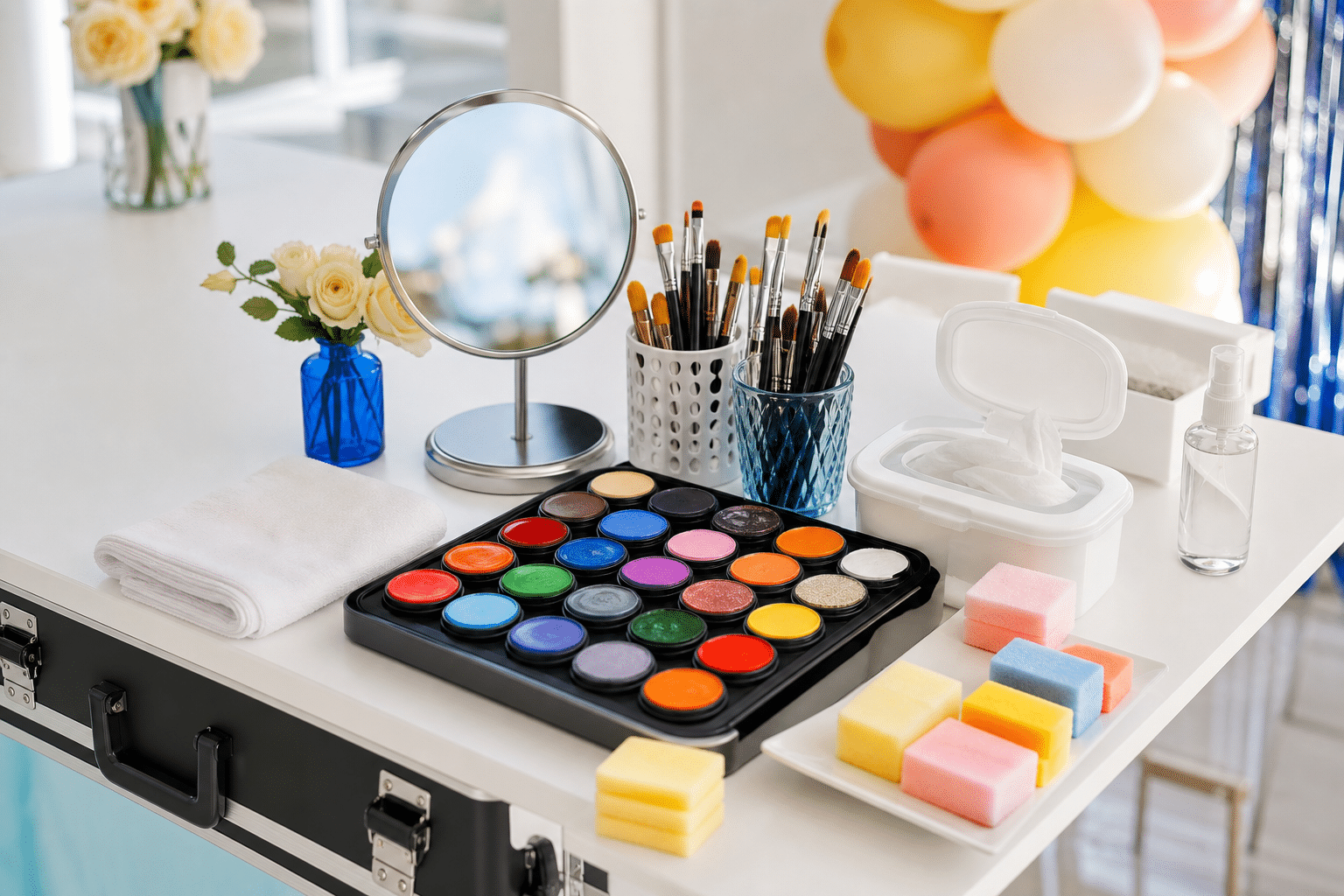Organized face painting kit with brushes and clean supplies